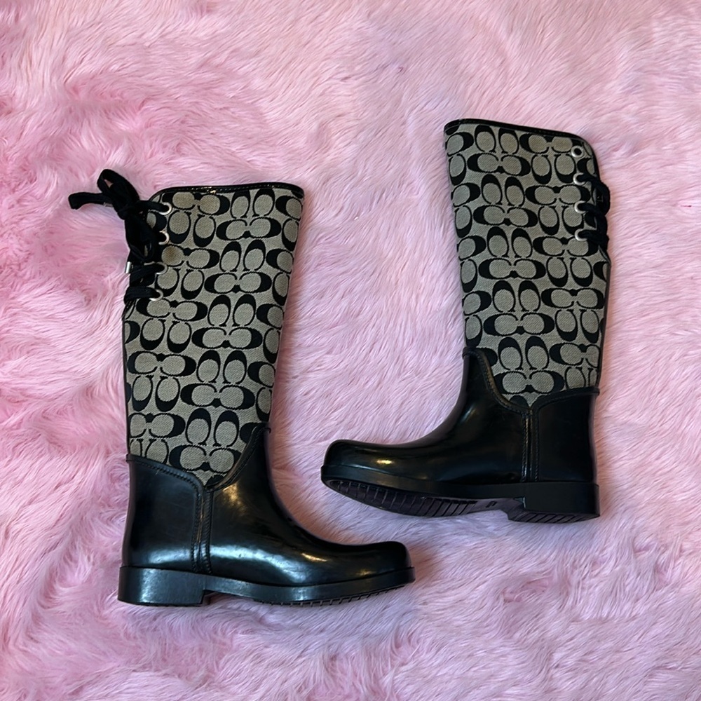 Coach black & gray monogram rain boots size 7
